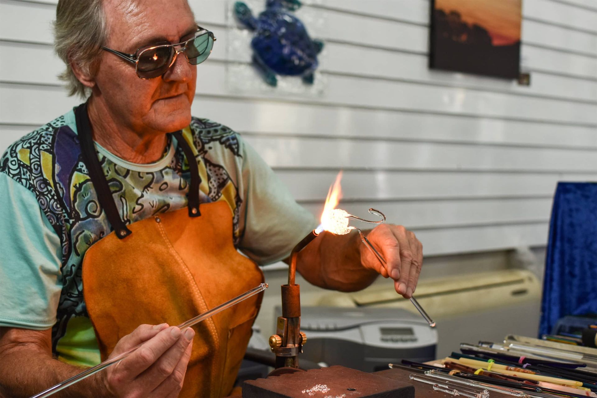 Hand-flameworked glass artworks on display