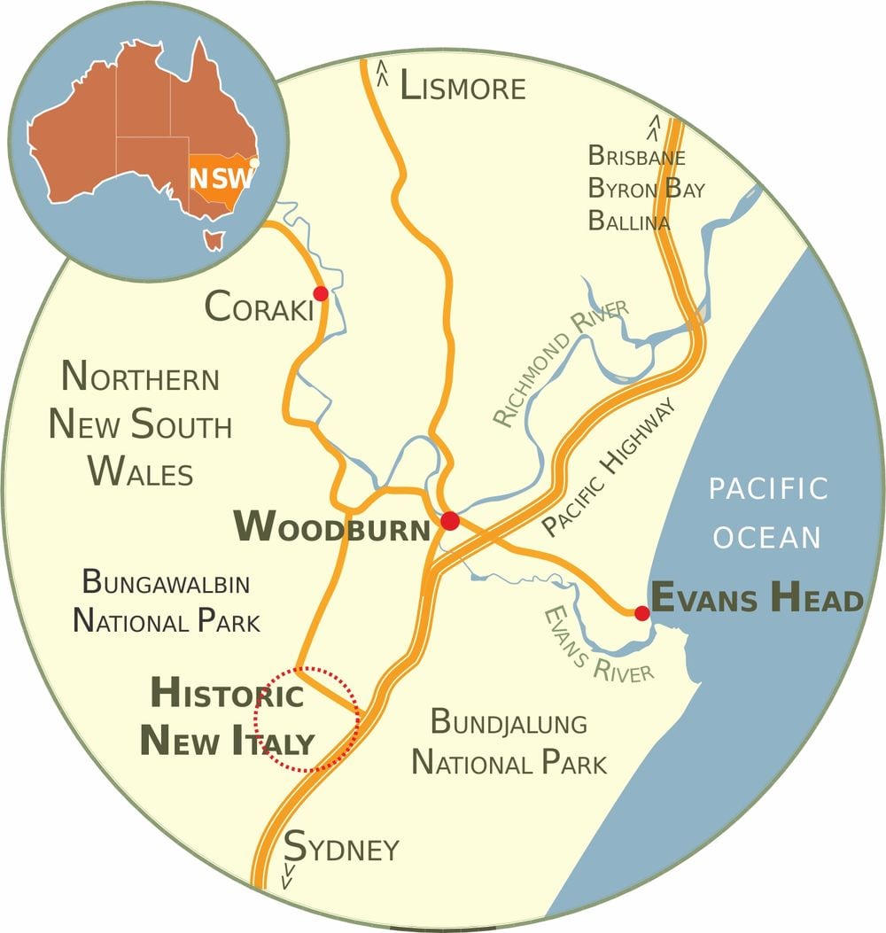 Map showing Historic New Italy's location between Woodburn, Ballina and Evans Head