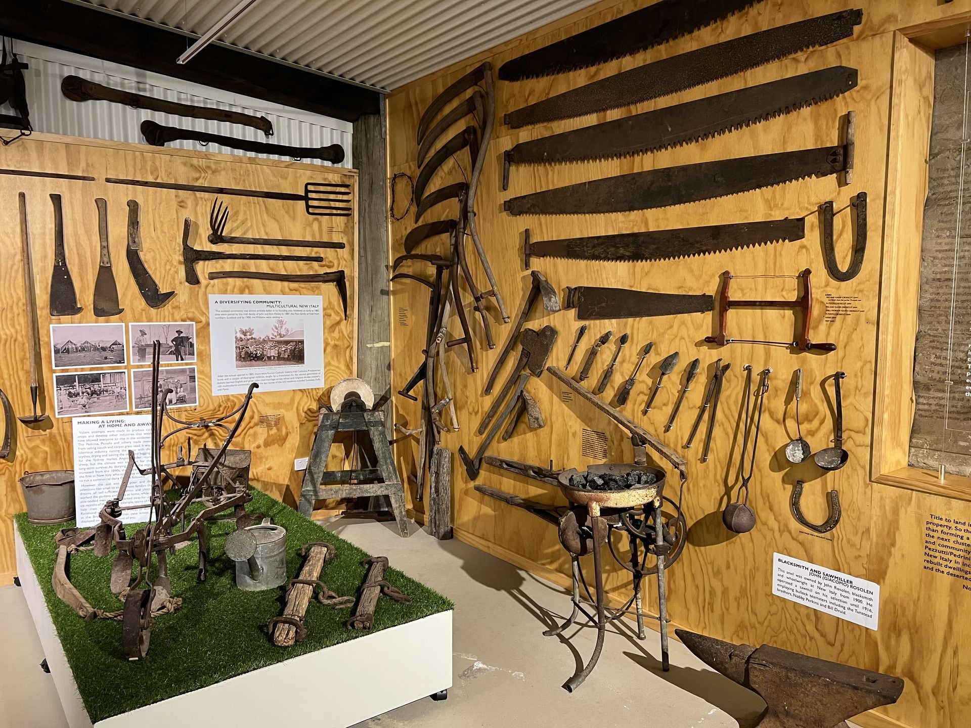 Wall of pioneer farm tools